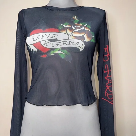 Ed Hardy Black Sheer Long Sleeve Tattoo-Print Crop Top - Picture 10 of 11